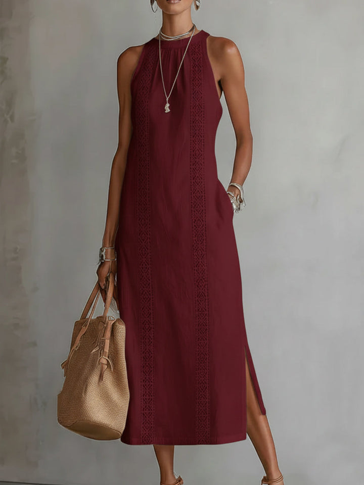 Women's sleeveless summer midi dress with elegant embroidery details