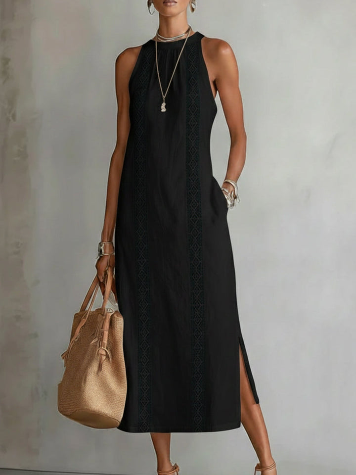 Womens fashion summer dress with intricate embroidery in midi length