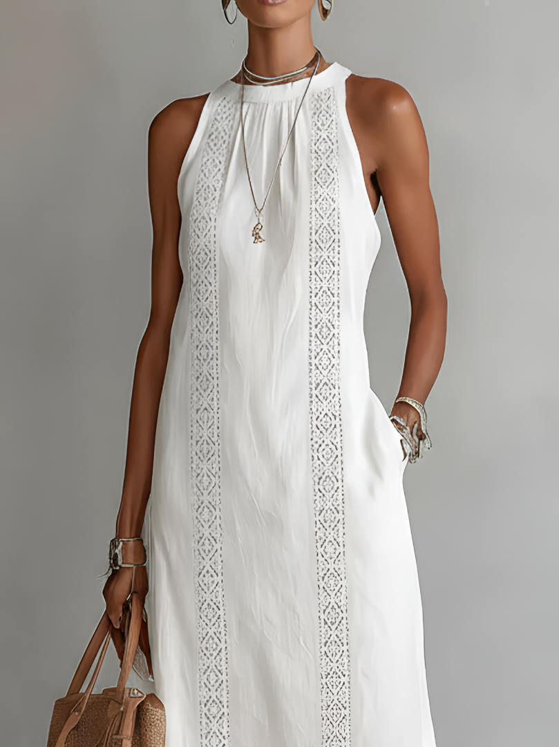 Chic party midi dress with sleeveless cut and floral embroidery