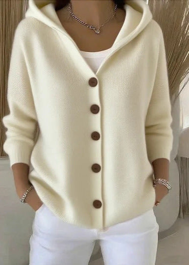 Detailed shot of the hood and collar on women's knit cardigan