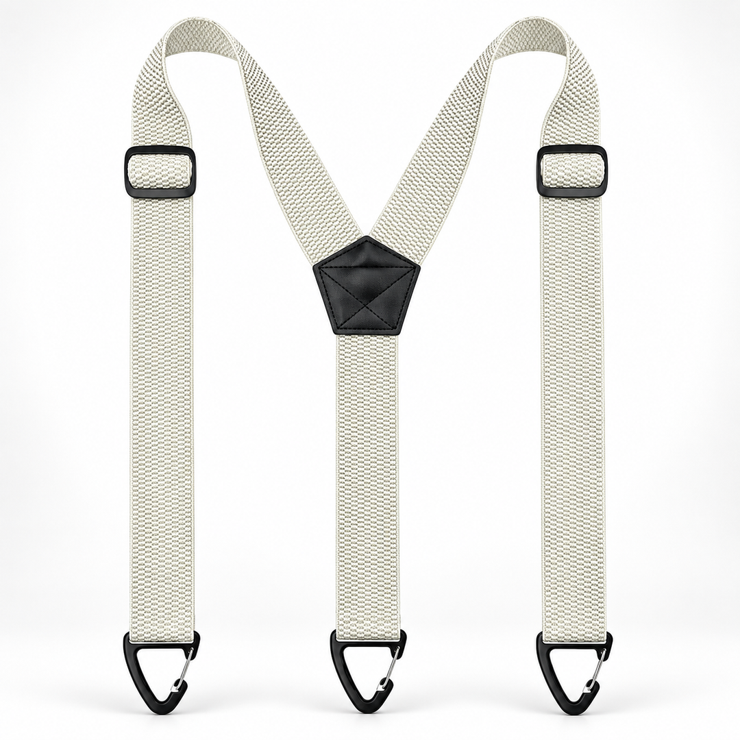 Front view of men's heavy-duty adjustable suspenders with strong clips