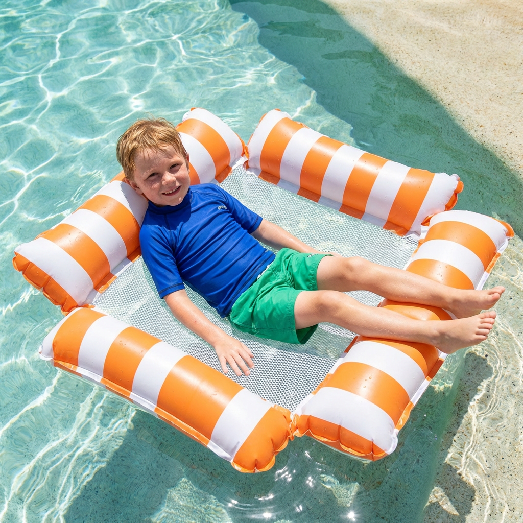Child enjoying summer toy pool float in outdoor water
