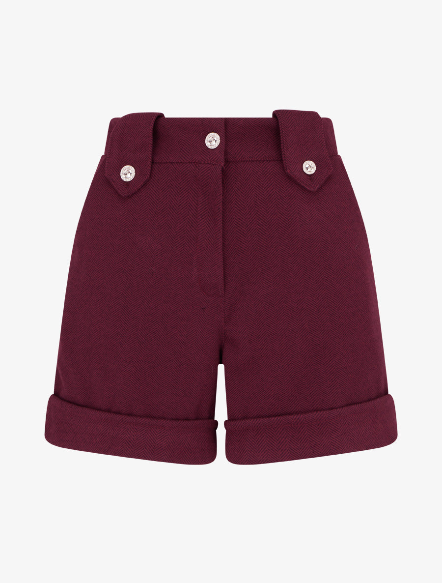 Front view of burgundy high-waisted straight winter shorts with decorative buttons