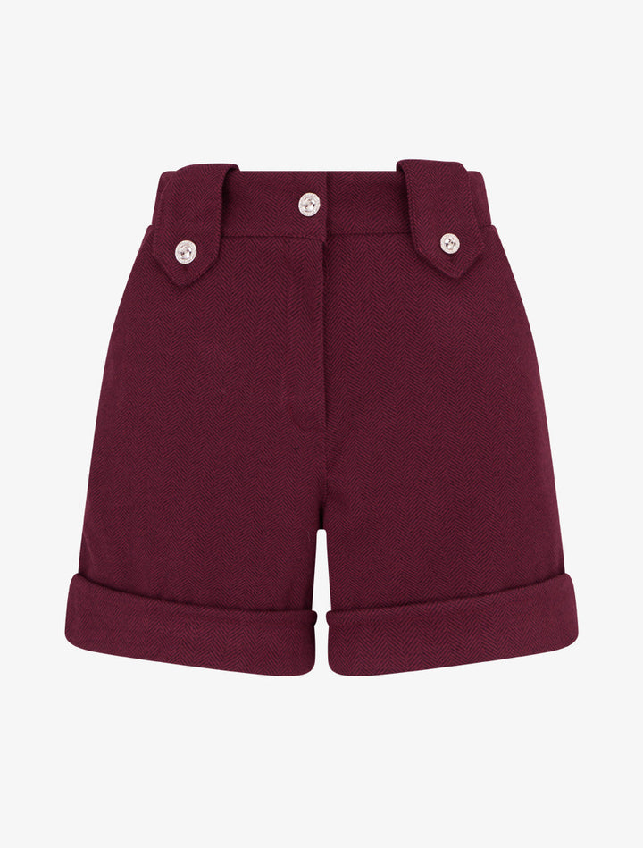 Front view of burgundy high-waisted straight winter shorts with decorative buttons