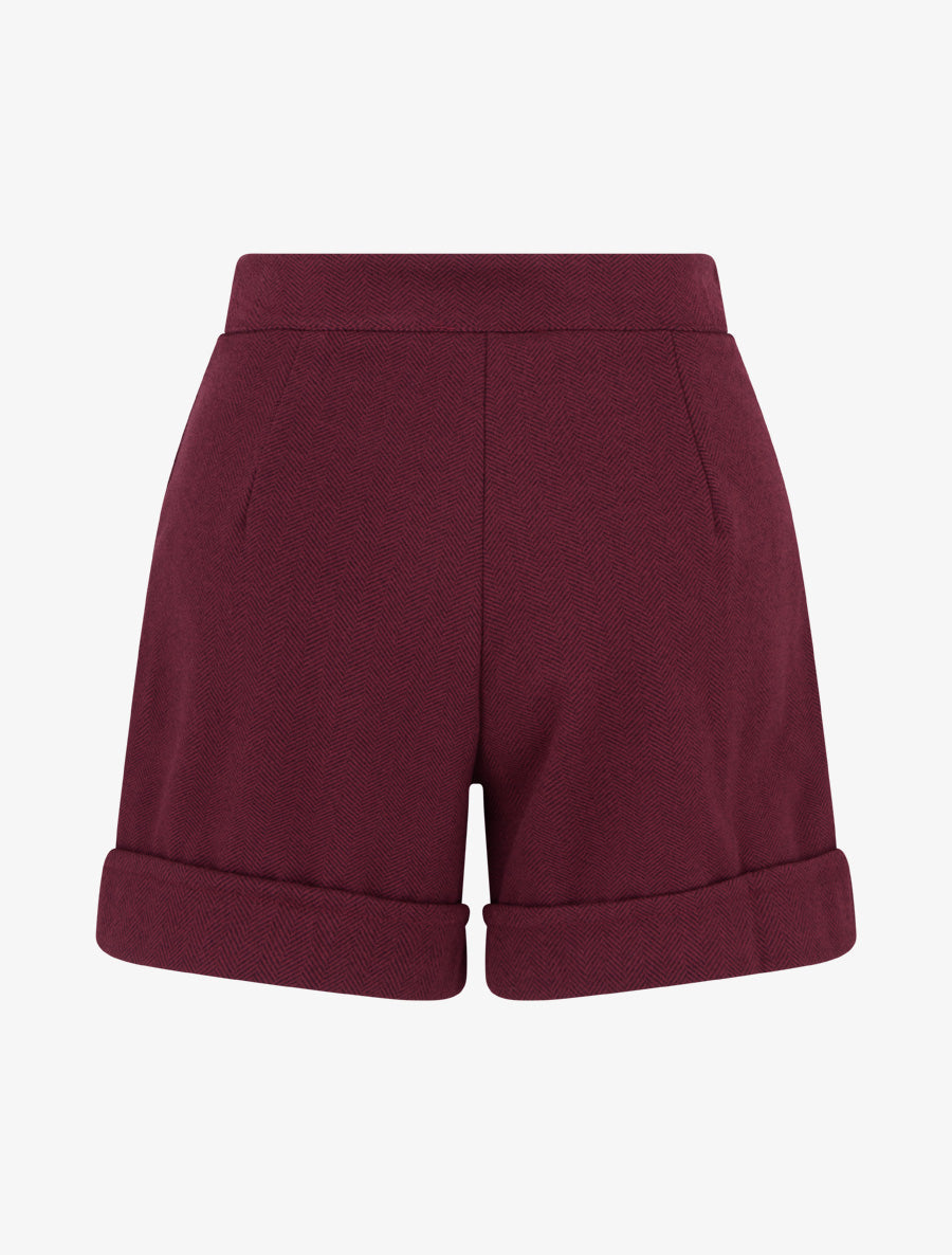 Back view of burgundy high-waisted winter shorts showing tailored fit