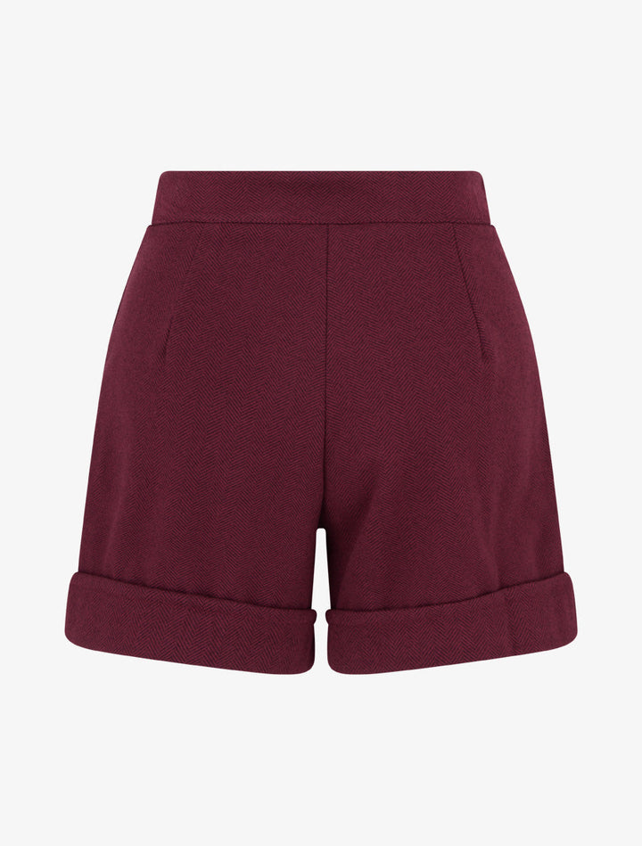 Back view of burgundy high-waisted winter shorts showing tailored fit