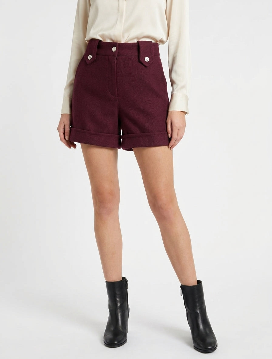 Burgundy women's high-waisted straight winter shorts styled for casual winter fashion.