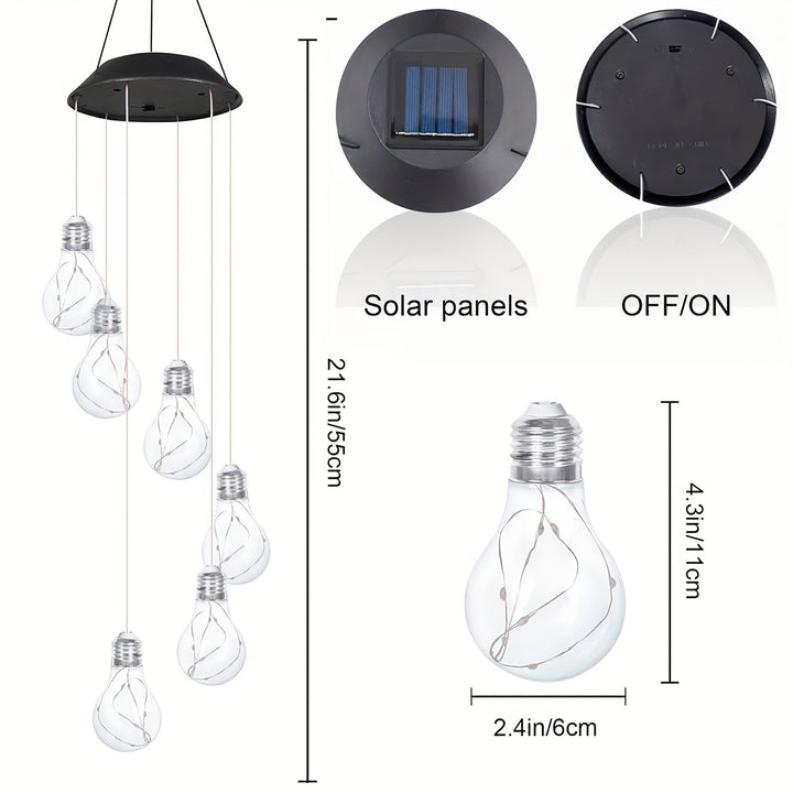 Dimensions diagram of solar light bulb wind chime showing height and bulb measurements in cm