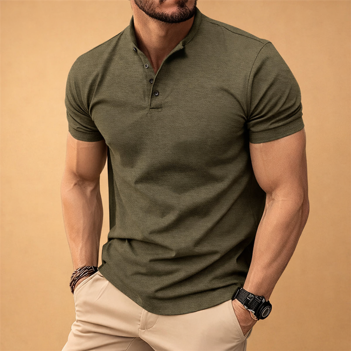 Side angle view of the short sleeve top for men showing fit