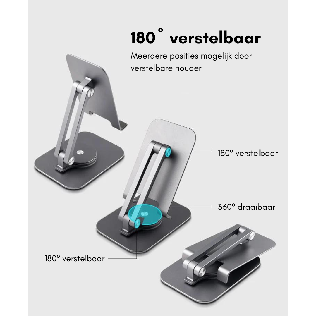 Side view of silver adjustable phone stand showing slim profile