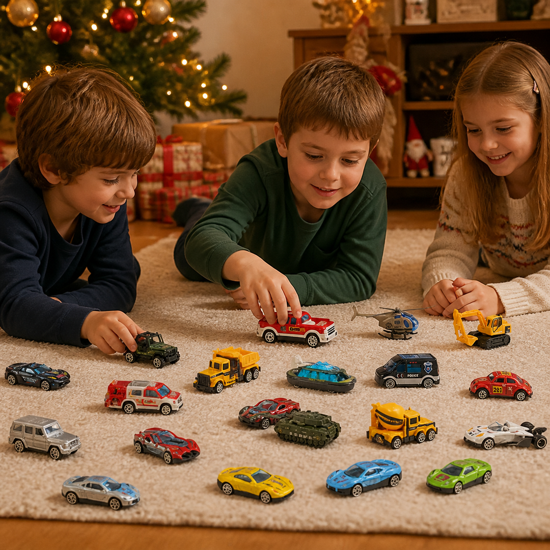 Kids Christmas advent calendar featuring die-cast toy vehicles and a holiday countdown design