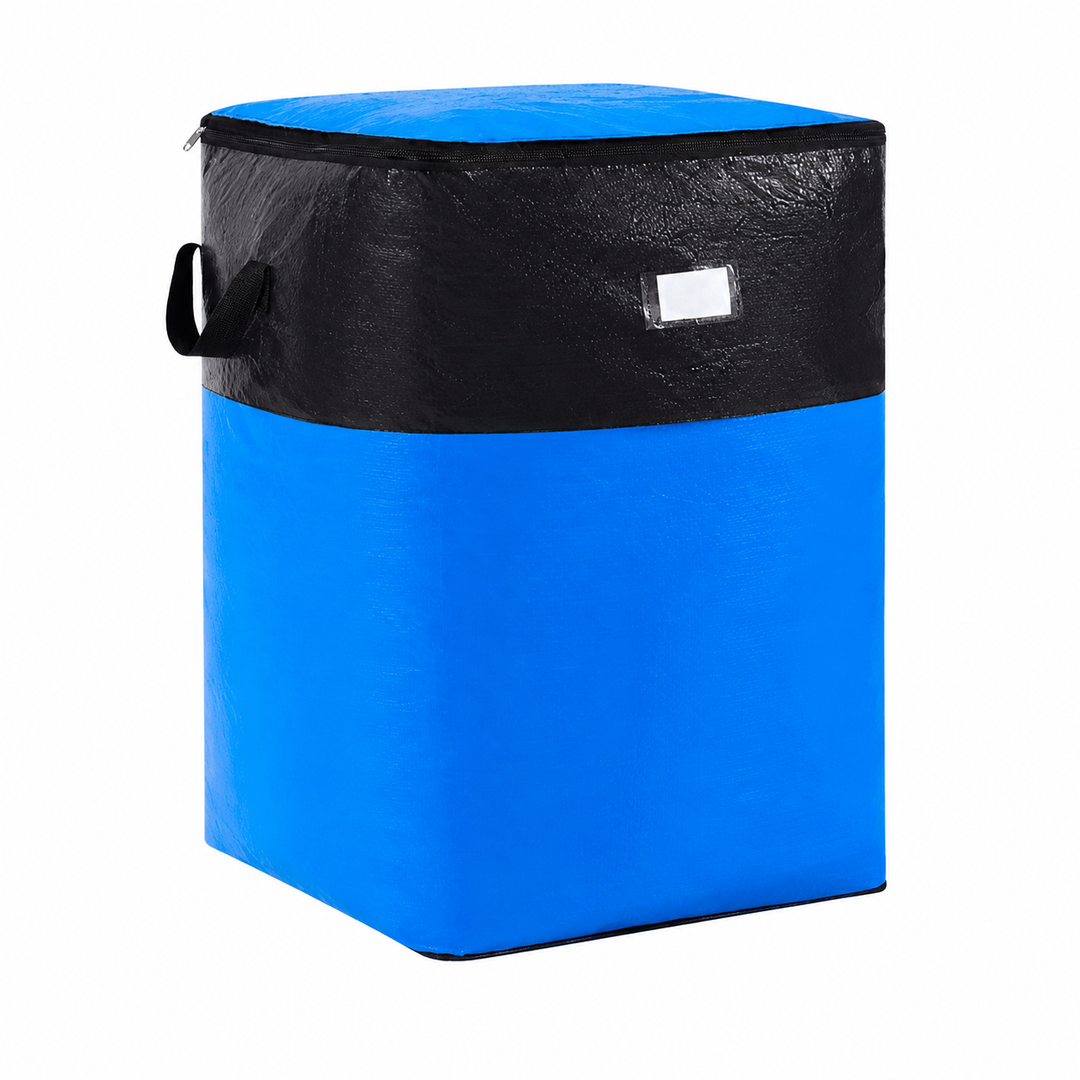 Blue and black jumbo waterproof moving and storage bag standing upright