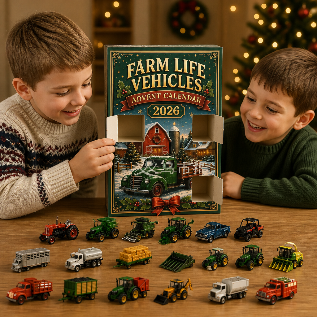 Kids Christmas advent calendar with farm vehicles and educational toy cars in holiday packaging