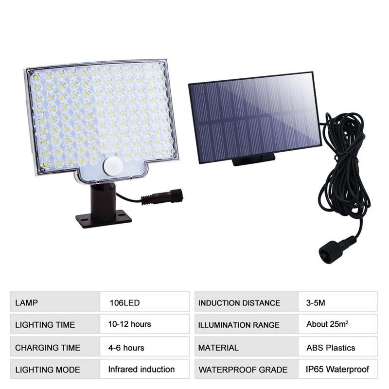 Close-up of the LED floodlight panel and motion sensor on an energy-efficient solar garden light.