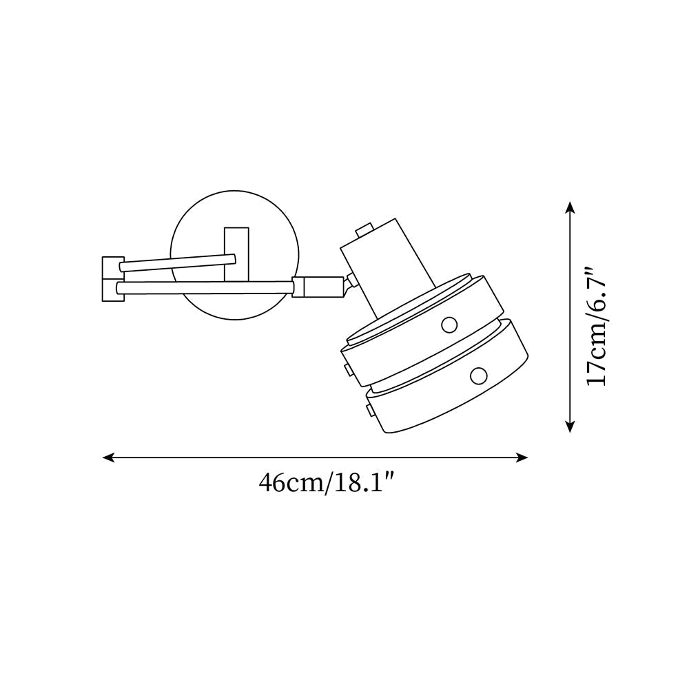 Dimensional view of the chrome and wood indoor wall lamp
