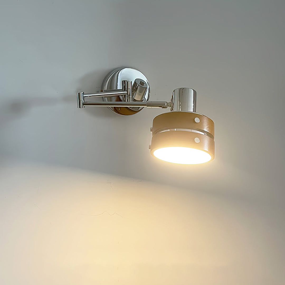 Complete product view of the chrome and wood wall lamp