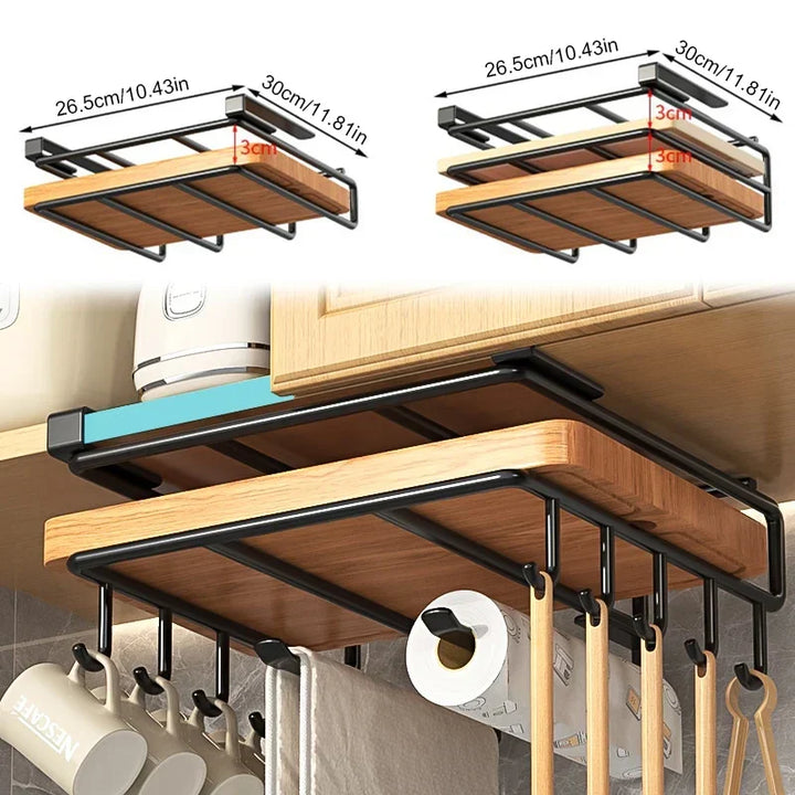 Kitchen accessory storage rack holding utensils and mugs without drilling