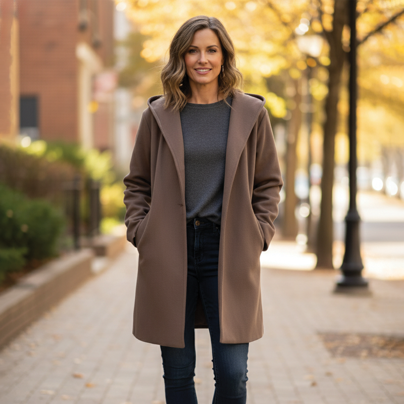 Back view of the winter fashion hooded coat showing its longline silhouette.