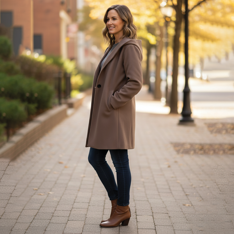 Detailed shot of the adjustable hood and sturdy zipper on the women's warm coat.
