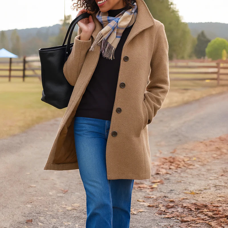 Warm winter outerwear featuring a traditional lapel collar