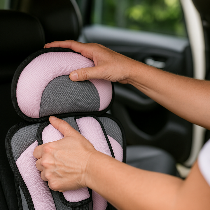 Child portable car seat protector featuring a secure five-point harness for kids travel safety