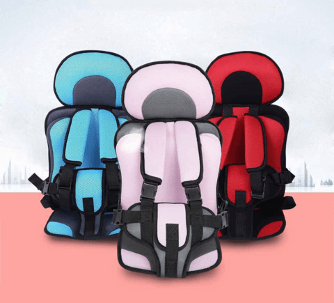 Pink, blue, and red portable child car seat protectors displayed together