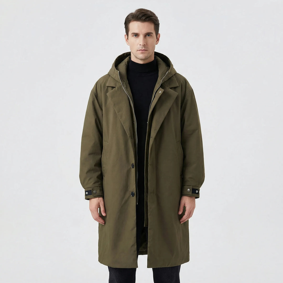 Water repellent green and black men's winter parka trench coat with hood