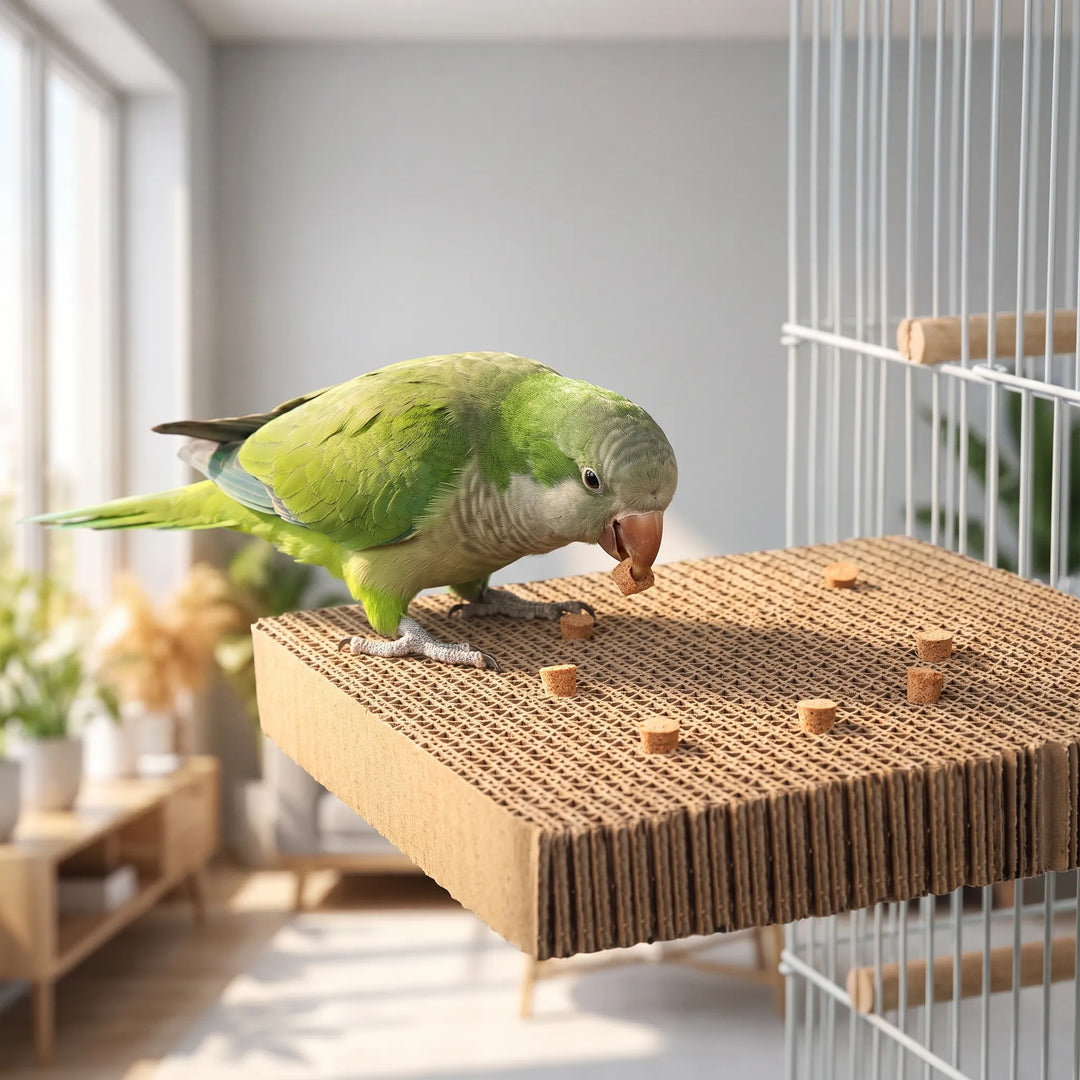 Green parrot pecking at the textured chew platform mounted inside a bird cage