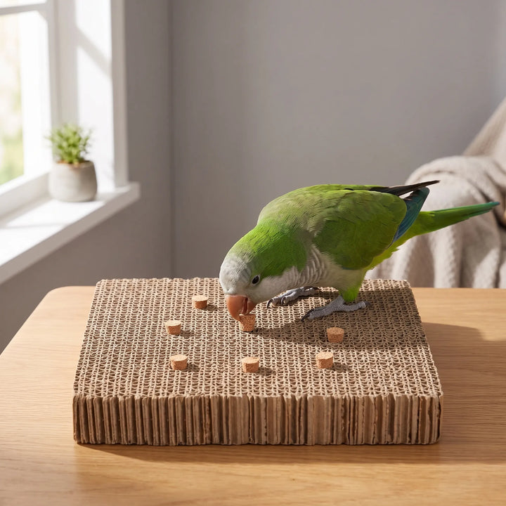 Parrot exploring the bird chew platform and foraging inserts on a wooden surface