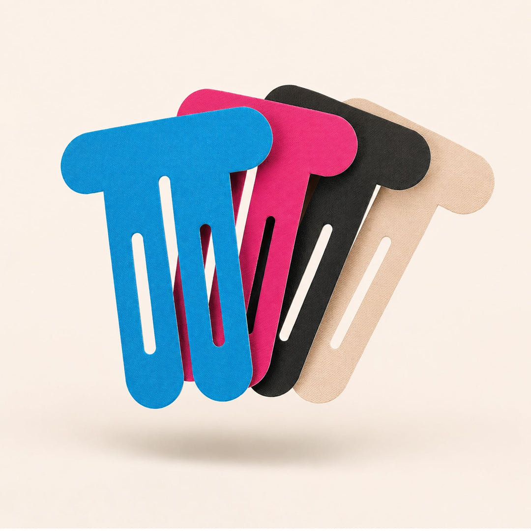 Colorful pre-cut knee support adhesive tape patches displayed together