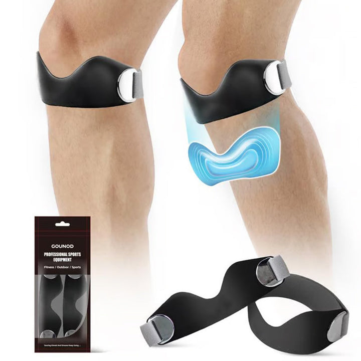 Unisex patella knee brace worn on leg showing cushioning and packaging