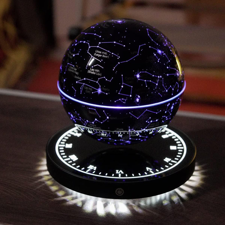 Purple-lit floating constellation sphere showing astronomical star charts in mid-air