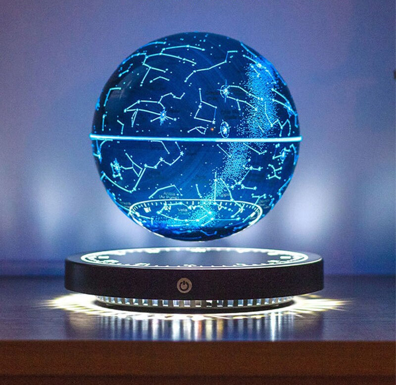 Close-up of the floating globe showing detailed astrological star charts and golden accents