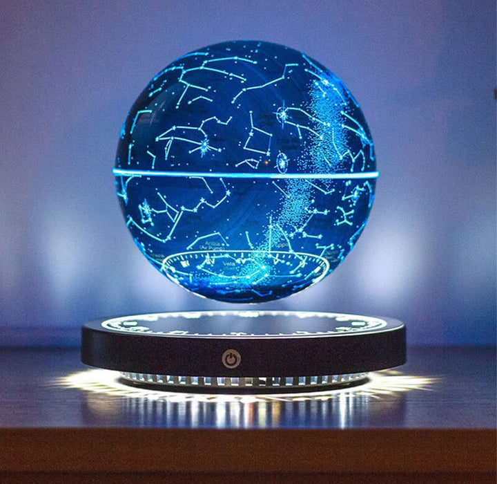 Close-up of the floating globe showing detailed astrological star charts and golden accents