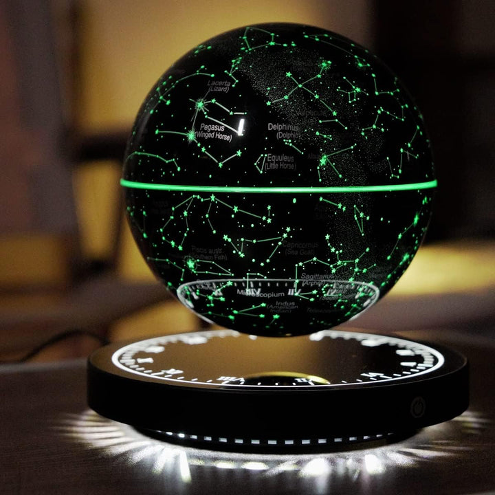 Rotating constellation lamp demonstrating magnetic levitation technology in a living room