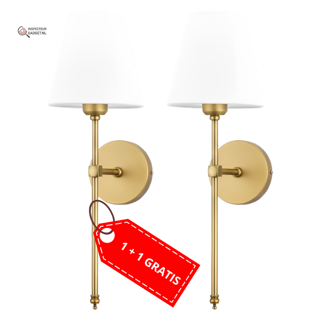 Two gold NovaGlow wireless wall lamps displayed side by side with a promotional deal tag