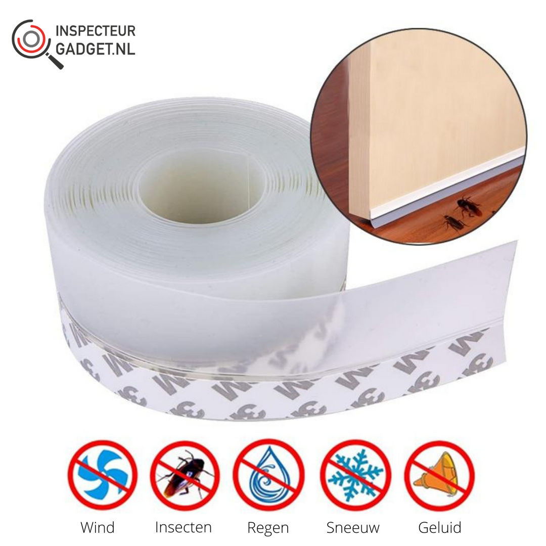 Transparent self-adhesive draught strip roll with protective backing and icons showing protection features