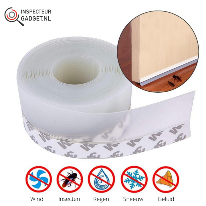 Transparent self-adhesive draught strip roll with protective backing and icons showing protection features