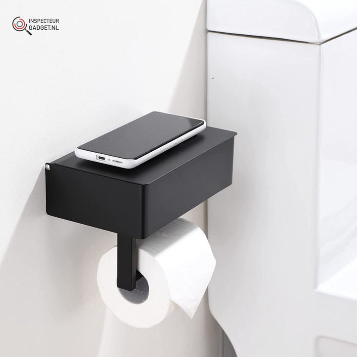 Black steel toilet roll holder with a smartphone placed on top shelf