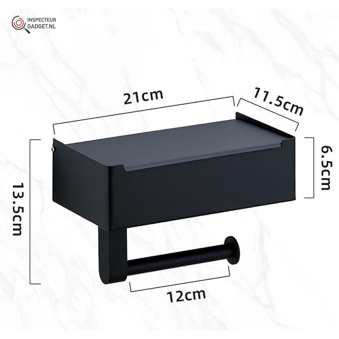 Close up of space saving steel bathroom organizer and toilet tissue dispenser