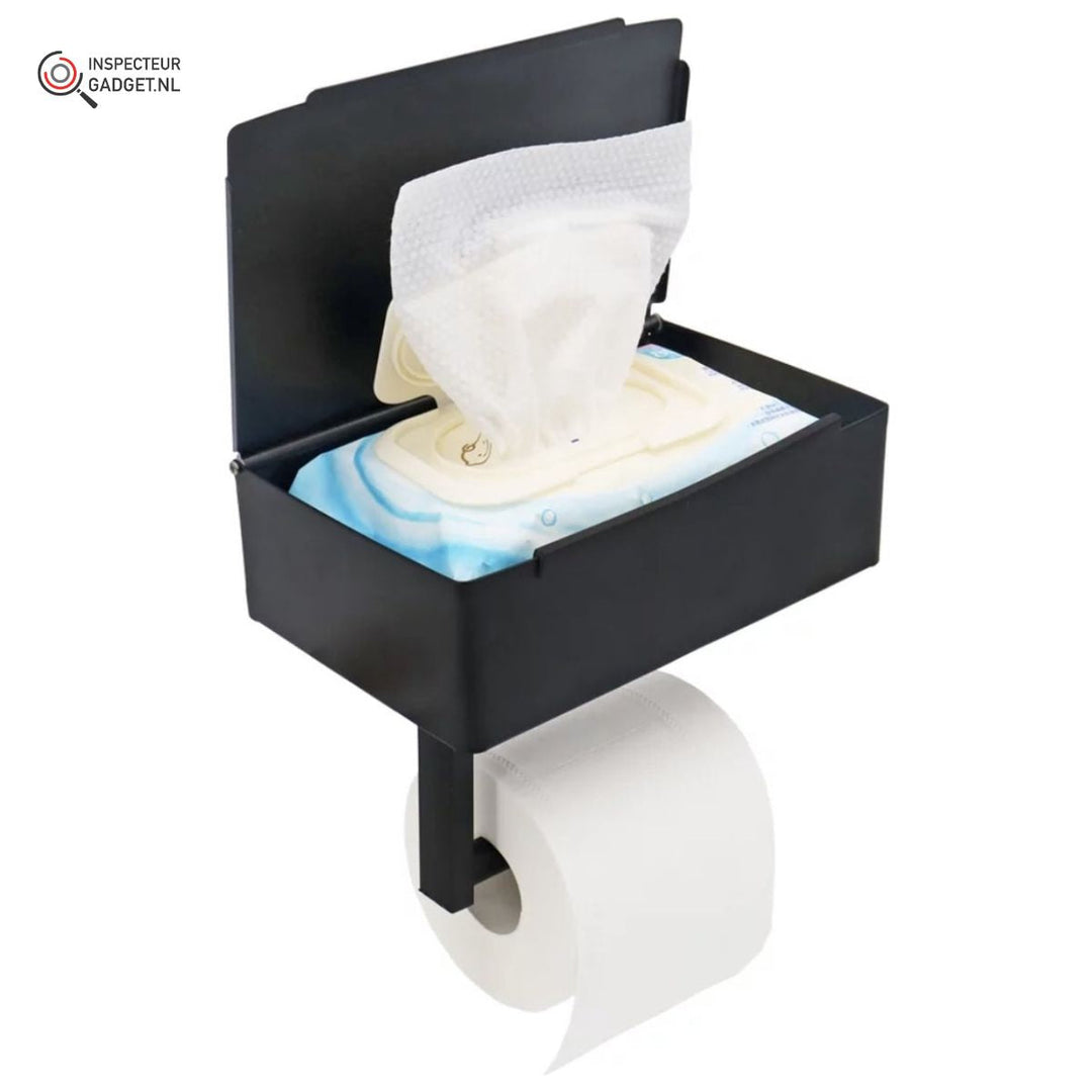 Wall mounted steel toilet roll holder with built in storage shelf in modern bathroom