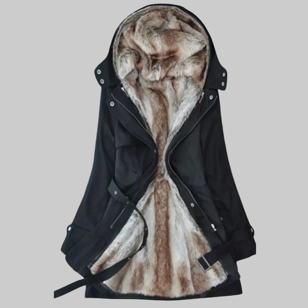 Black women's long winter coat with plush lining and hood