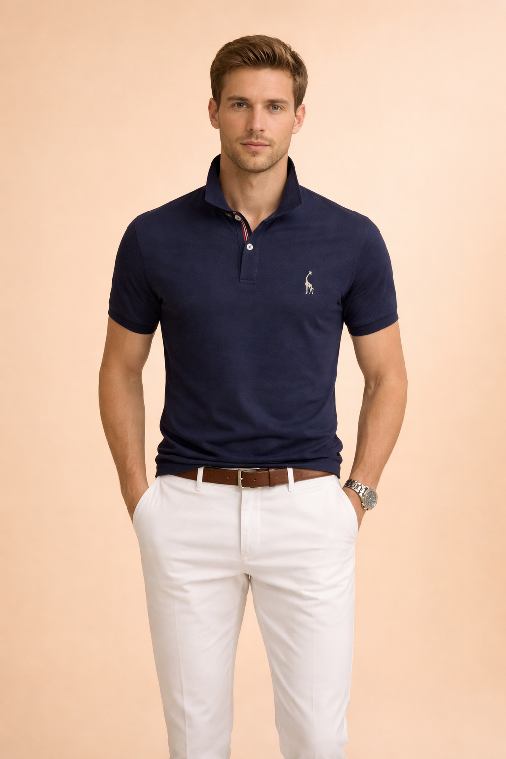 Man wearing a navy blue classic polo shirt with white trousers and brown leather belt in a studio setting.