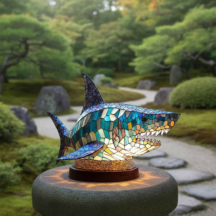 Illuminated mosaic animal table lamp set outdoors in a scenic garden