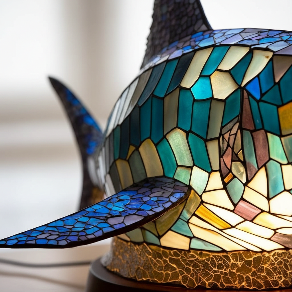 Close-up view of the intricate mosaic glass patterns and textures on the table lamp