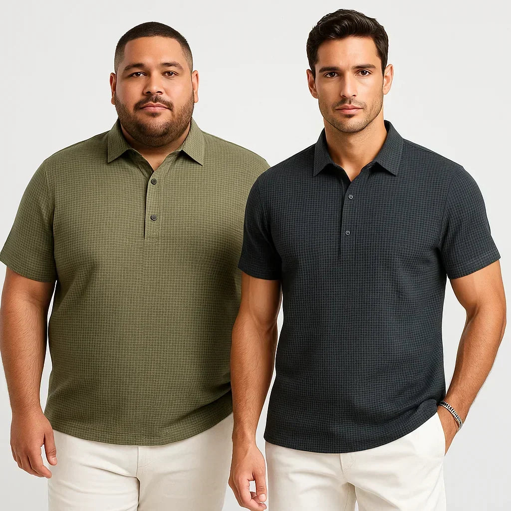 Two models wearing green and dark grey short-sleeve textured polo shirts