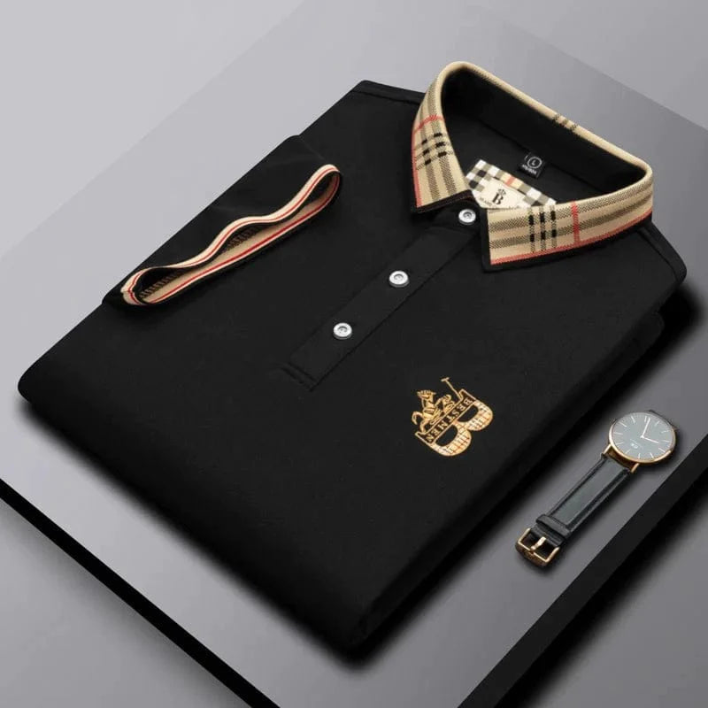 Black men's short-sleeve polo shirt with patterned collar and embroidered chest emblem