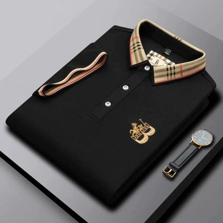 Black men's short-sleeve polo shirt with patterned collar and embroidered chest emblem
