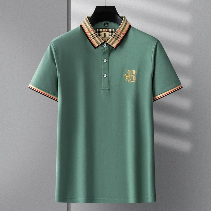 Close-up of embroidered polo detail on summer fashion shirt