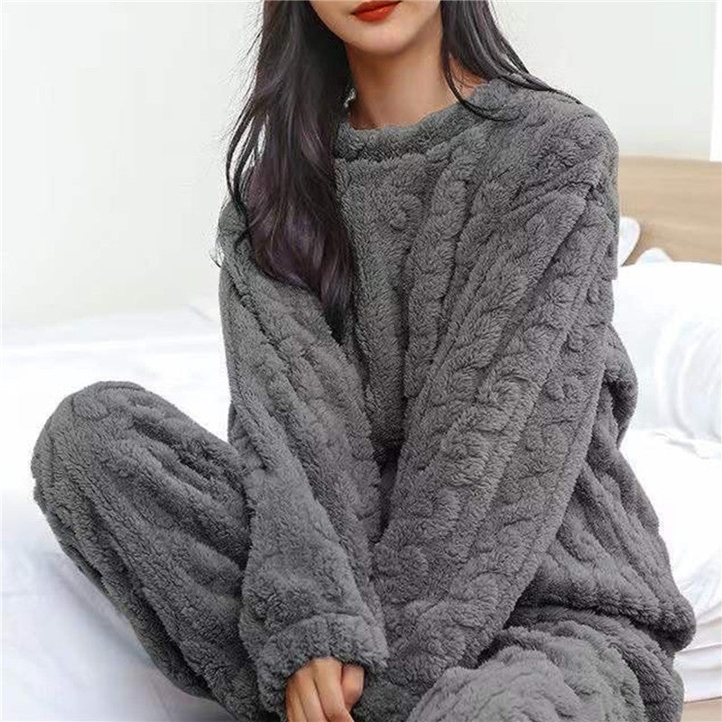 Detailed view of breathable fabric on women's warm nightwear set